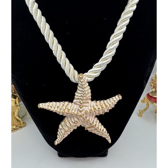 ZARA Women's Gold Textured Starfish Ivory Cord 20" Statement Necklace Coastal - Picture 2 of 9